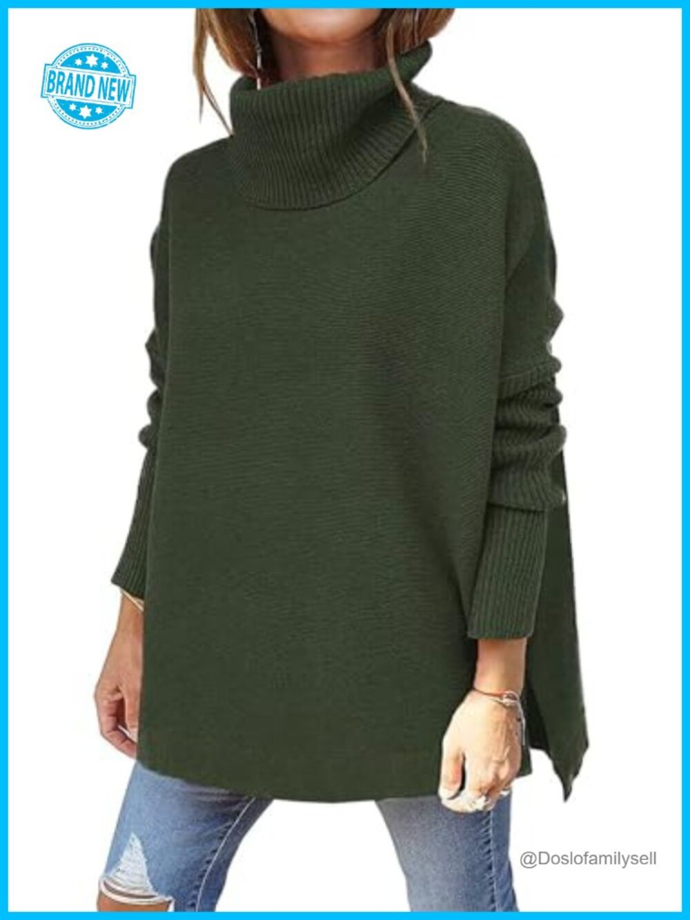 Oversized Turtleneck Batwing Sleeve Pullover Sweater Split Hem Knit